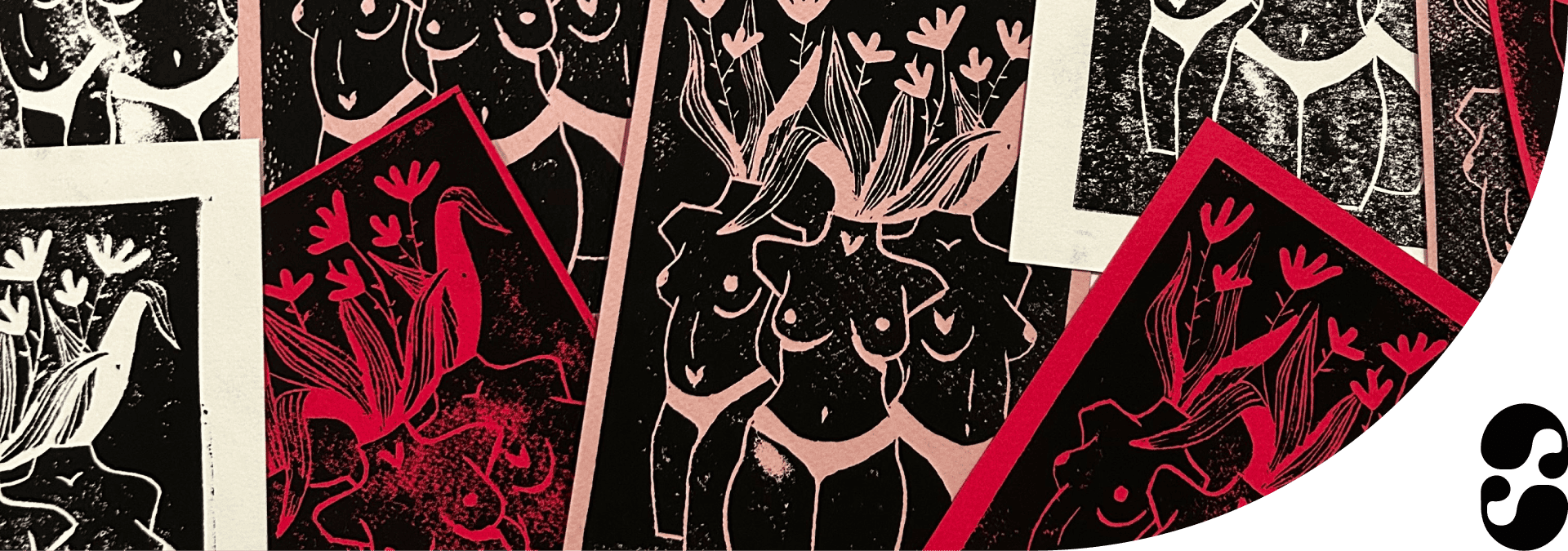 photo design page d'accueil avec linogravures femmes roses noires et blanches